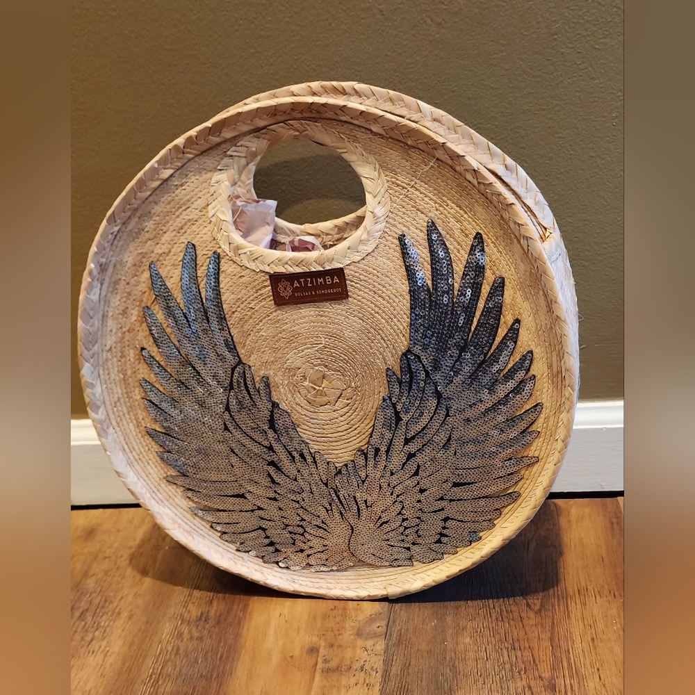 Natural woven straw bags/basket with silver sequins angel wings. - Picture 2 of 4
